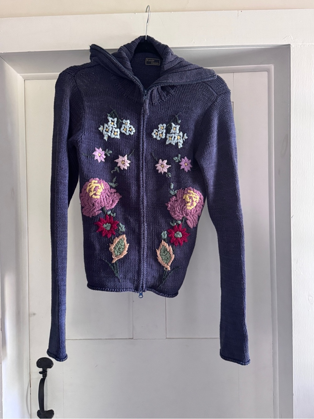 Vintage Y2K Navy Floral Embroidered Zip Turtleneck Knit Cardigan Medium